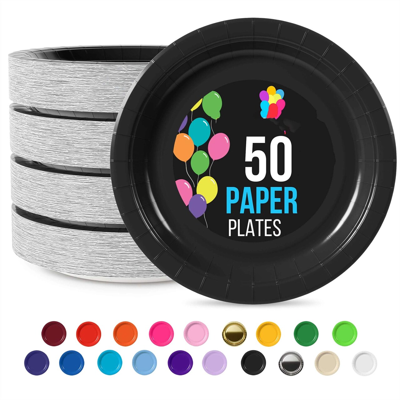 50 Count Black Paper Plates Elegant Disposable Party Supplies Round 7"